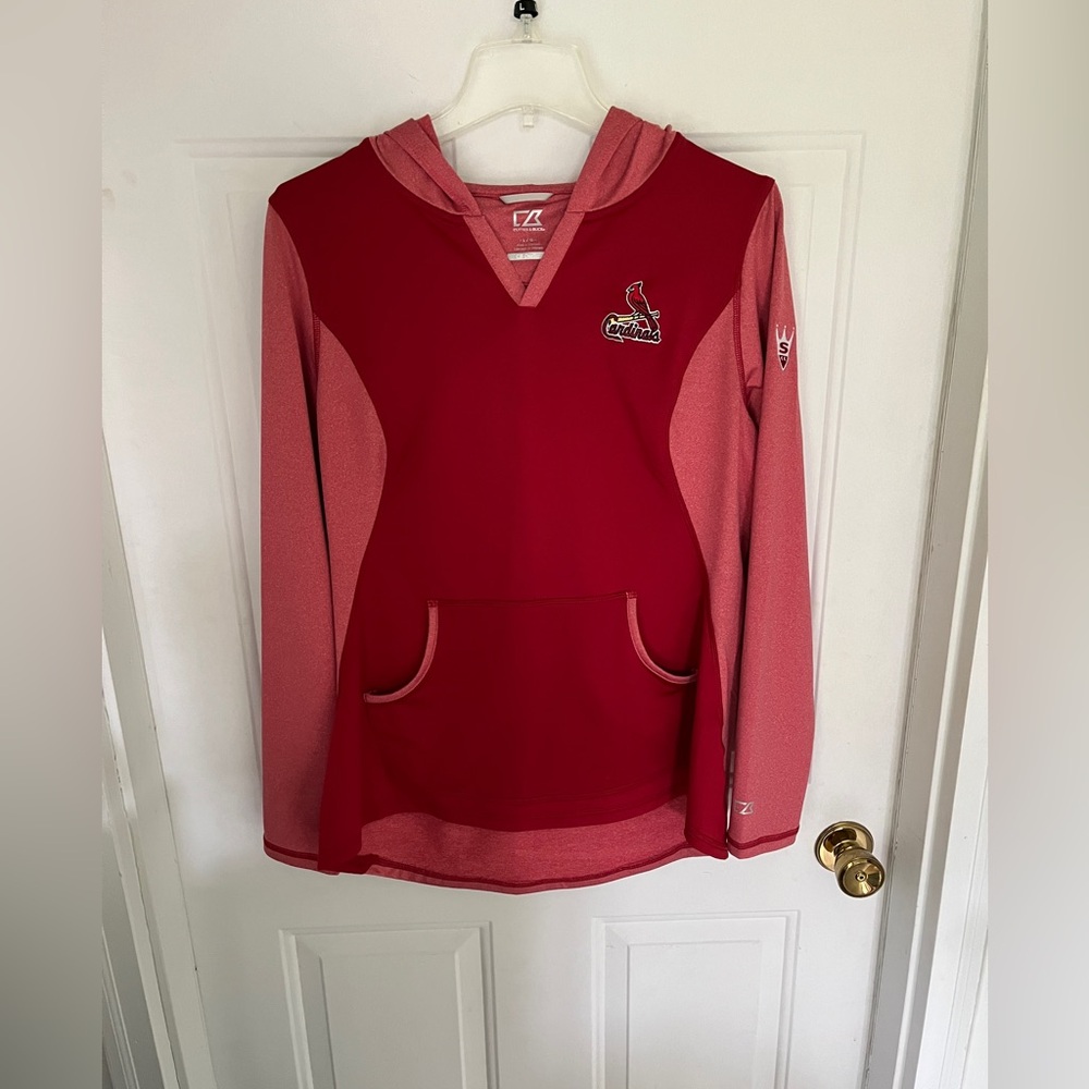 Size Large woman’s Red and burgundy Hooded St Louis Cardinals sports jersey.
